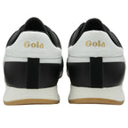 The rear view of two black Gola men's sneakers with white heel accents and gold logos.