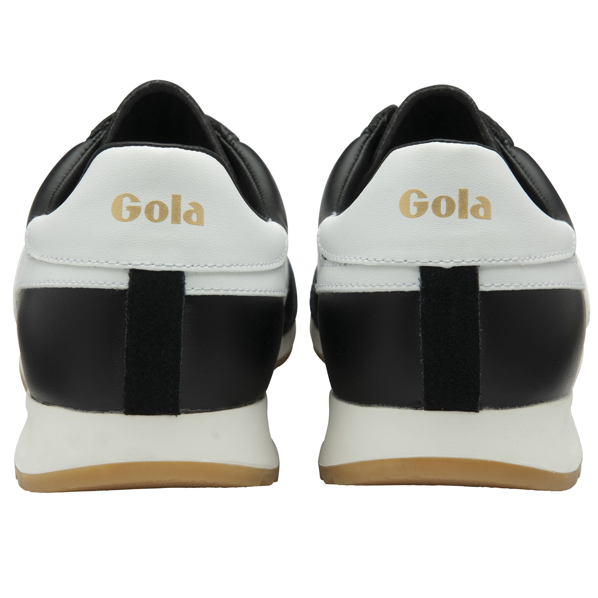The rear view of two black Gola men's sneakers with white heel accents and gold logos.