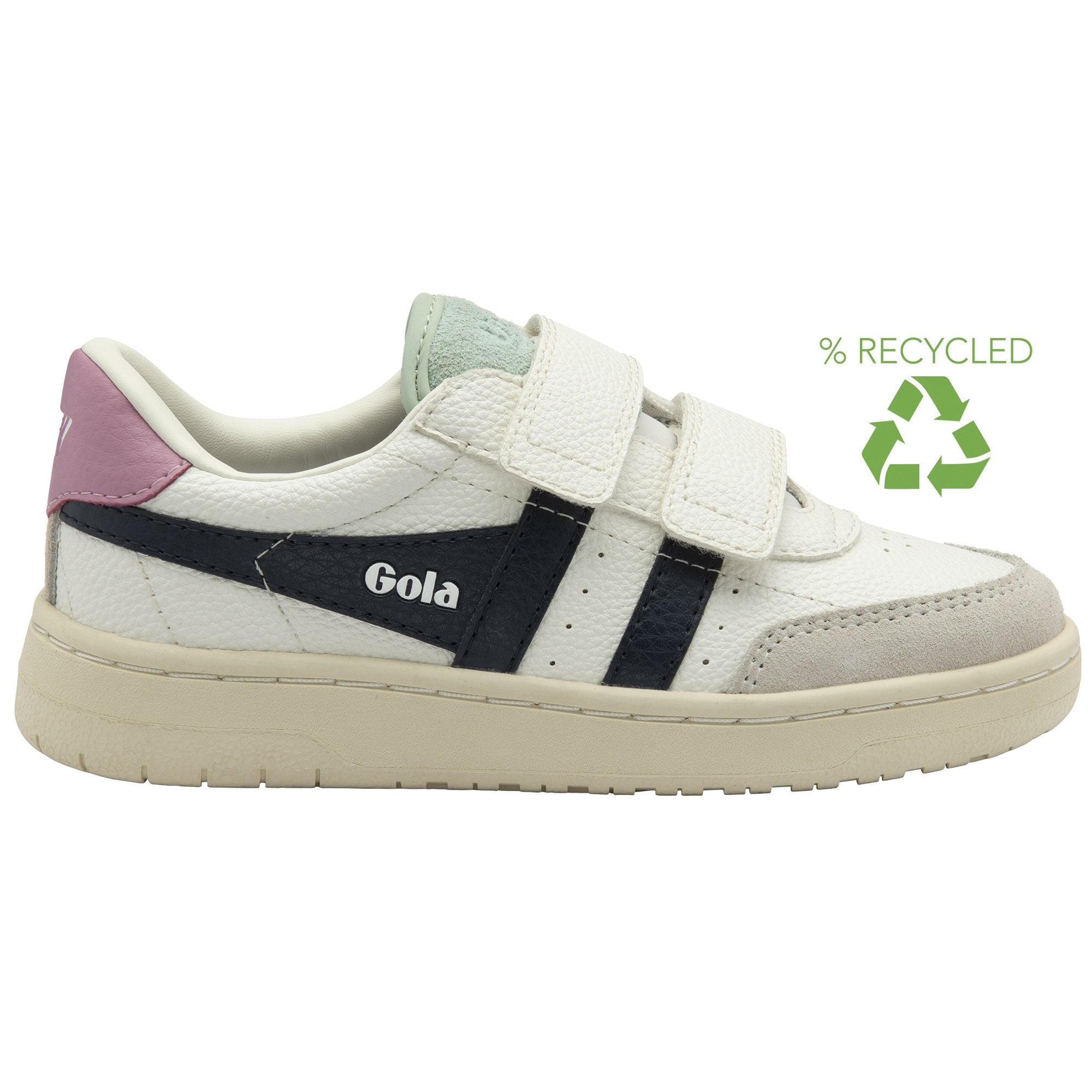 A recycled Gola children's sneaker with velcro straps, a pink heel, and navy stripes.