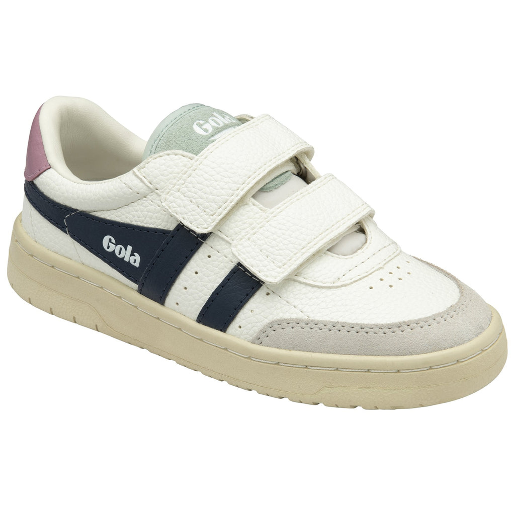 A single Gola children's sneaker with velcro straps, a pink heel, and navy stripes.