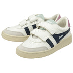 A pair of Gola children's sneakers with velcro straps, a pink heel, and navy stripes.
