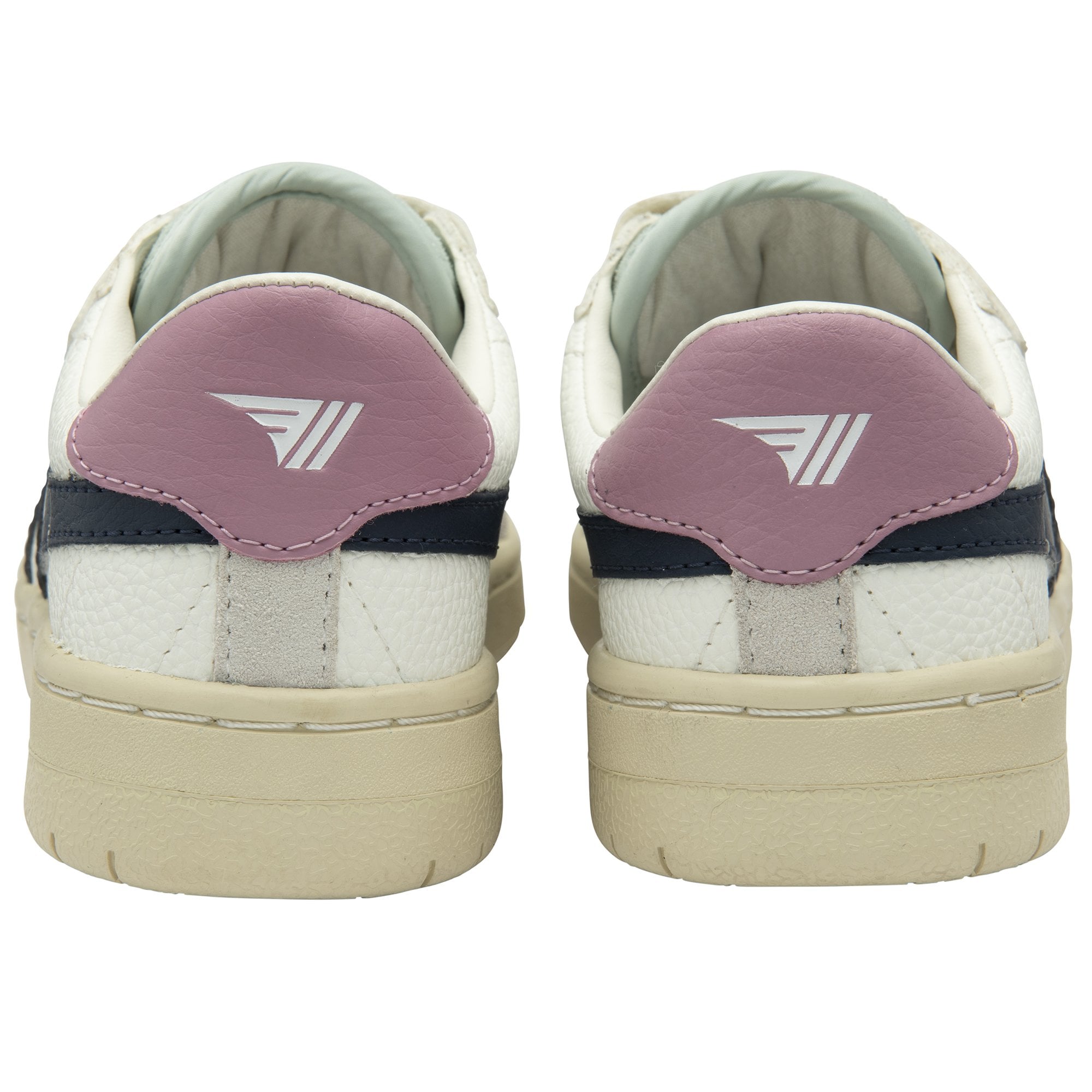 The back view of a pair of Gola children's sneakers with pink heels.