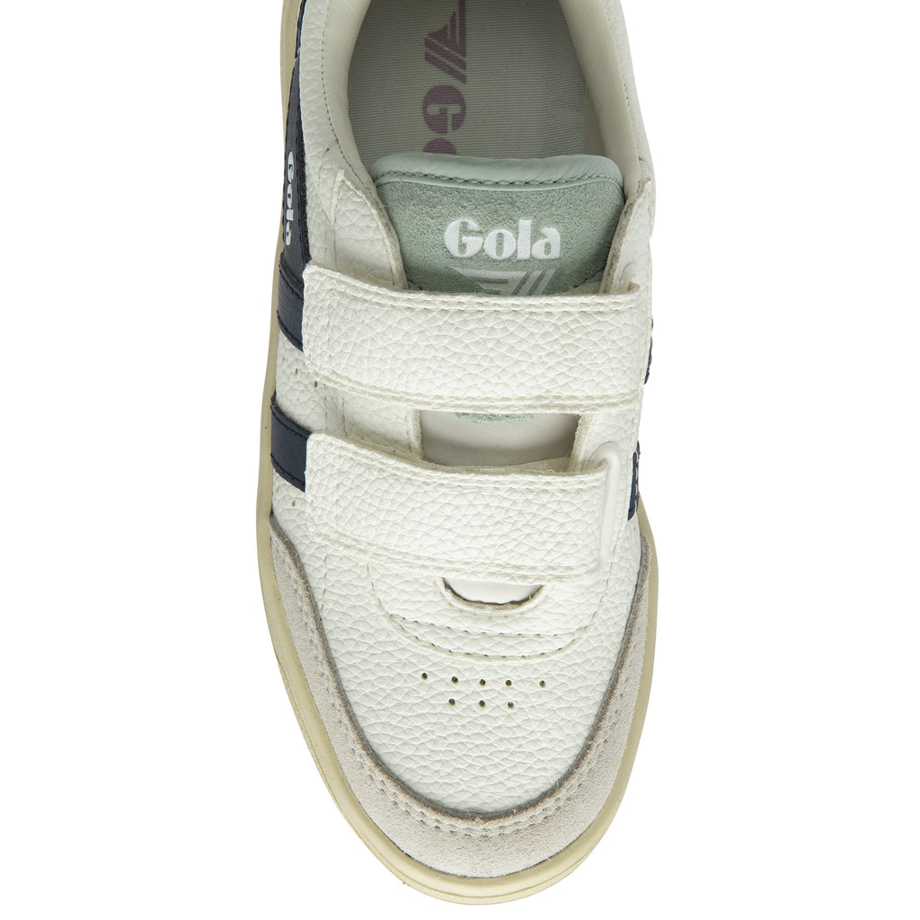 The top-down view of a single Gola children's sneaker with white velcro straps.