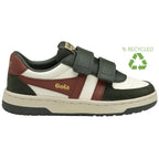 A recycled Gola kids sneaker, with a white, dark green, and red design, featuring Velcro straps.
