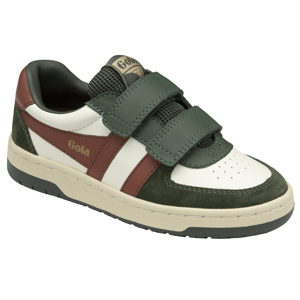 A single Gola kids sneaker with a white, dark green, and red design, featuring Velcro straps.