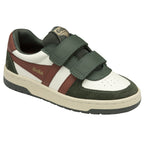 A single Gola kids sneaker with a white, dark green, and red design, featuring Velcro straps.