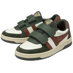 A pair of Gola kids sneakers with a white, dark green, and red design, featuring Velcro straps.