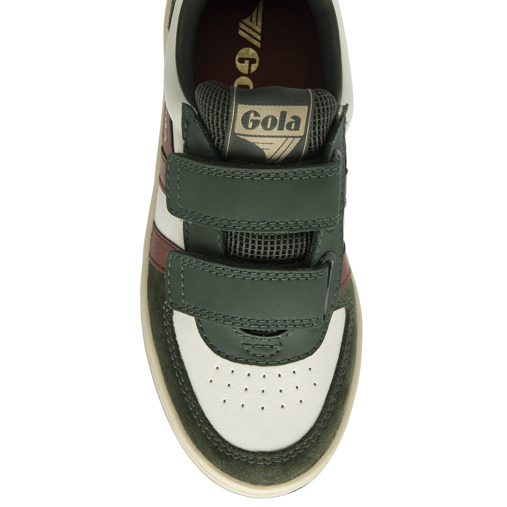 A top-down view of a Gola kids sneaker, highlighting the Velcro straps and toe details.
