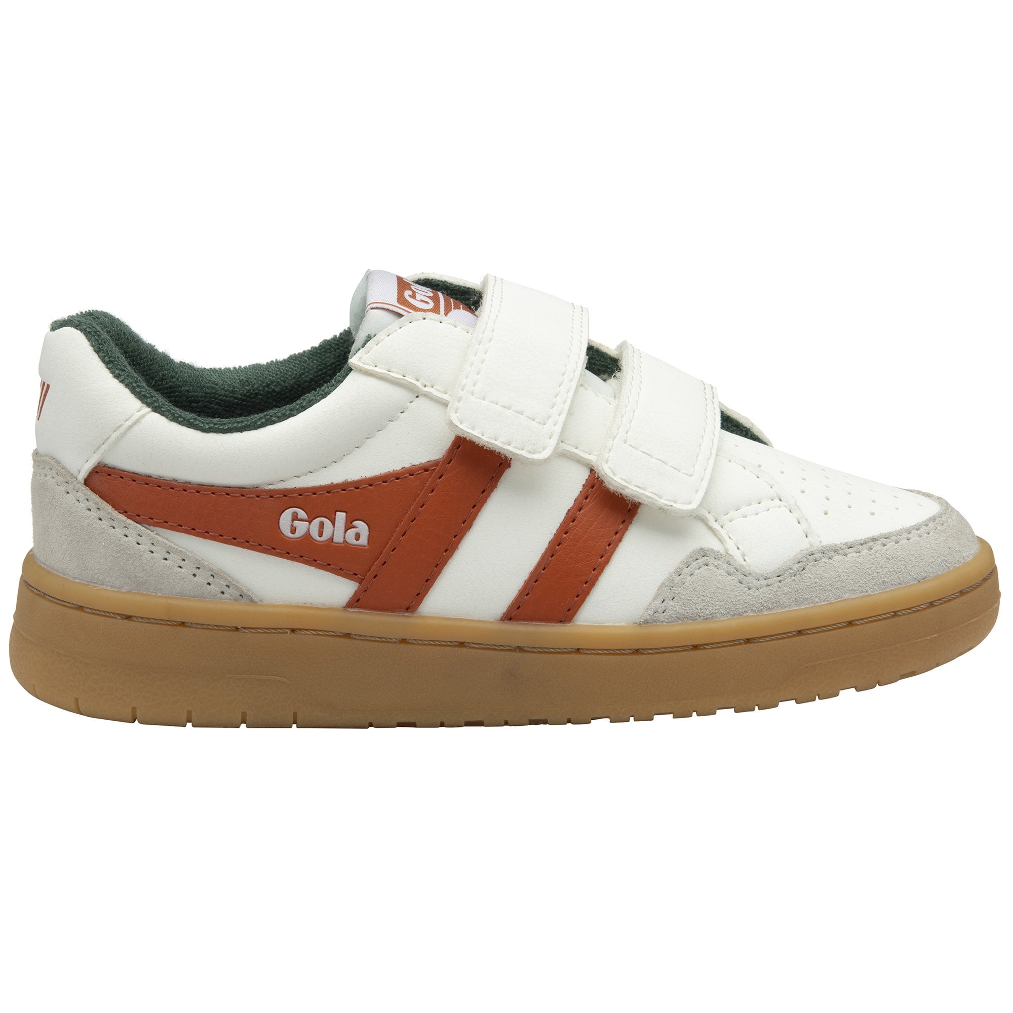 White Gola kids trainer with two brown stripes and two velcro straps