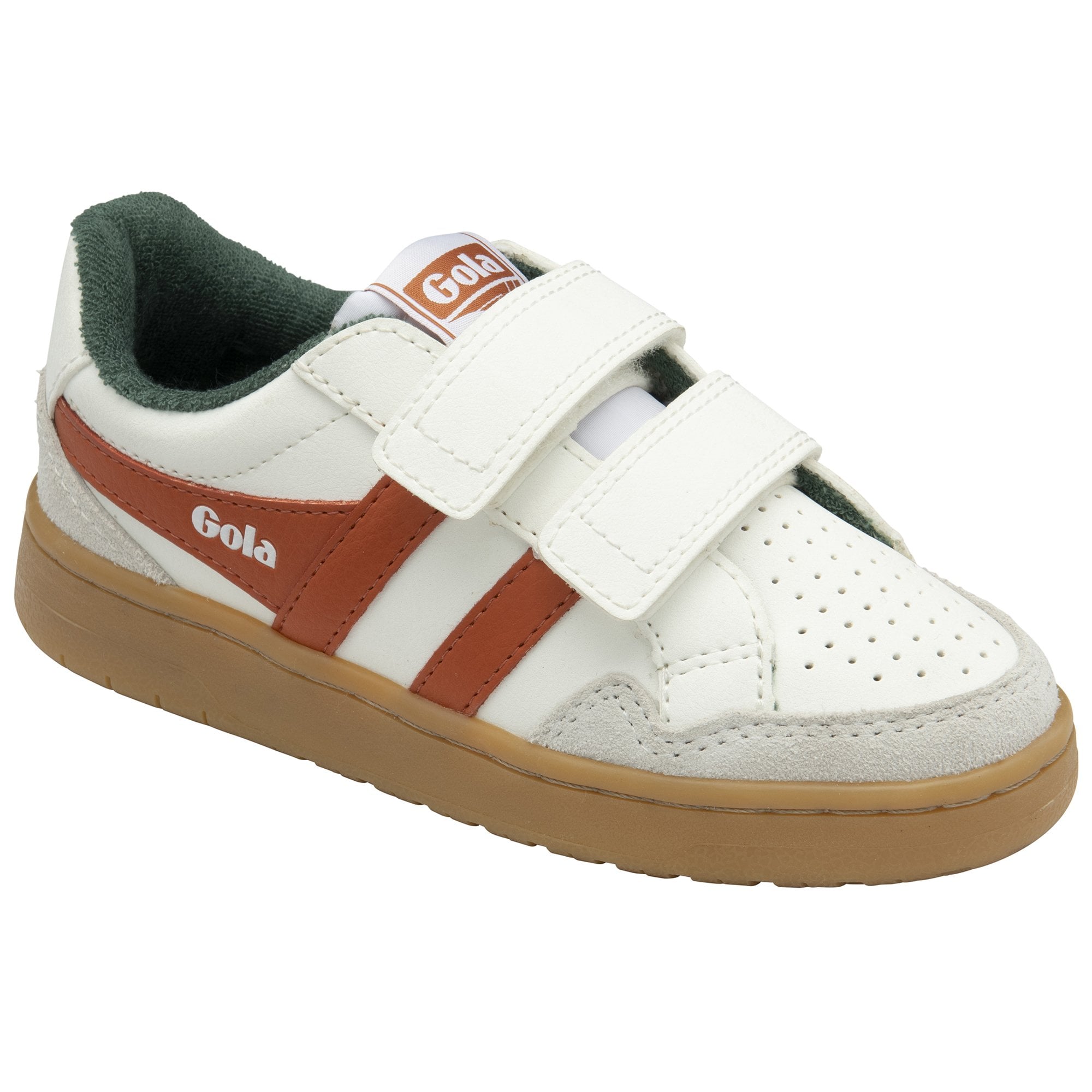 A white Gola sneaker with orange stripes, gum sole, and velcro straps on a white background.