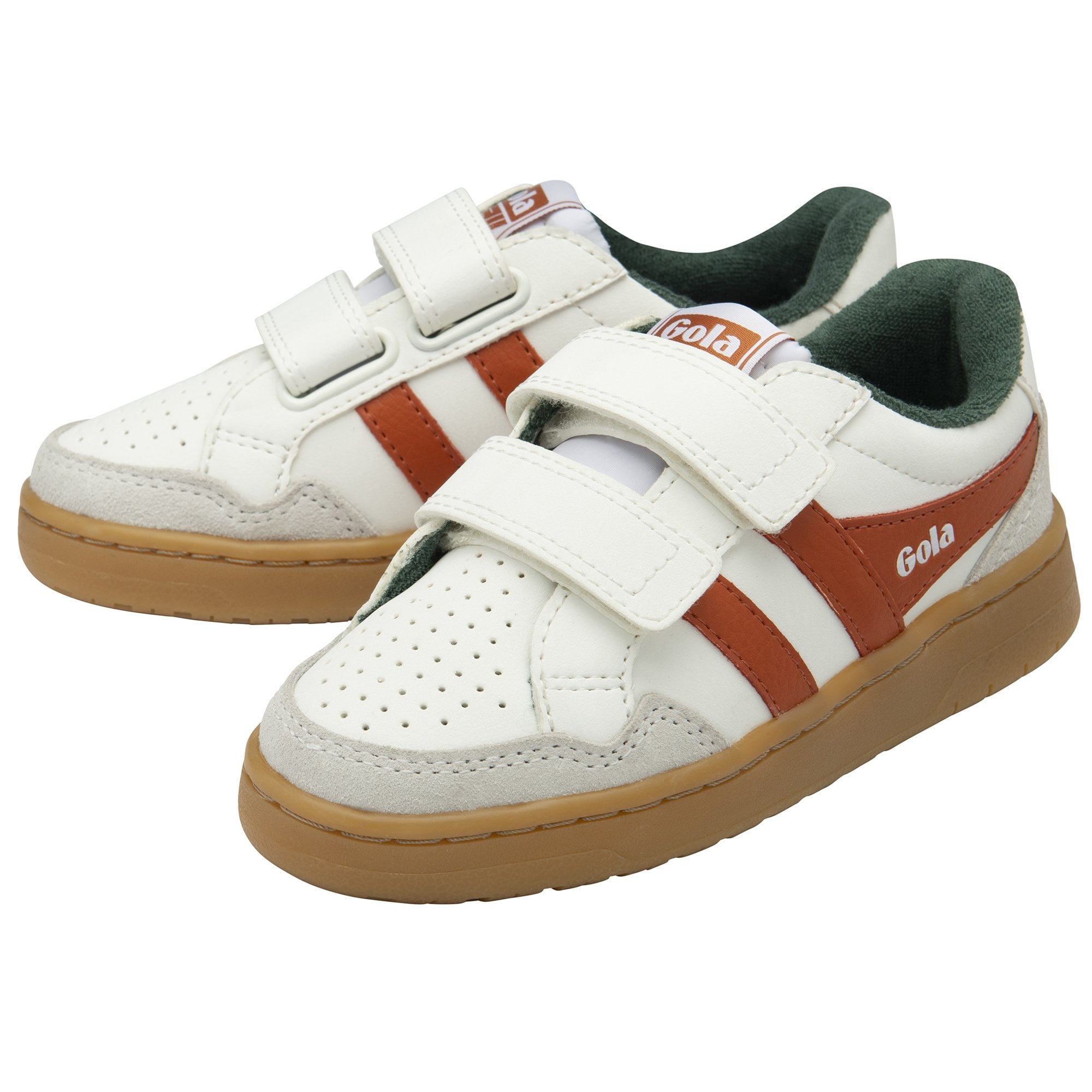 A pair of white Gola sneakers with orange stripes and velcro straps.
