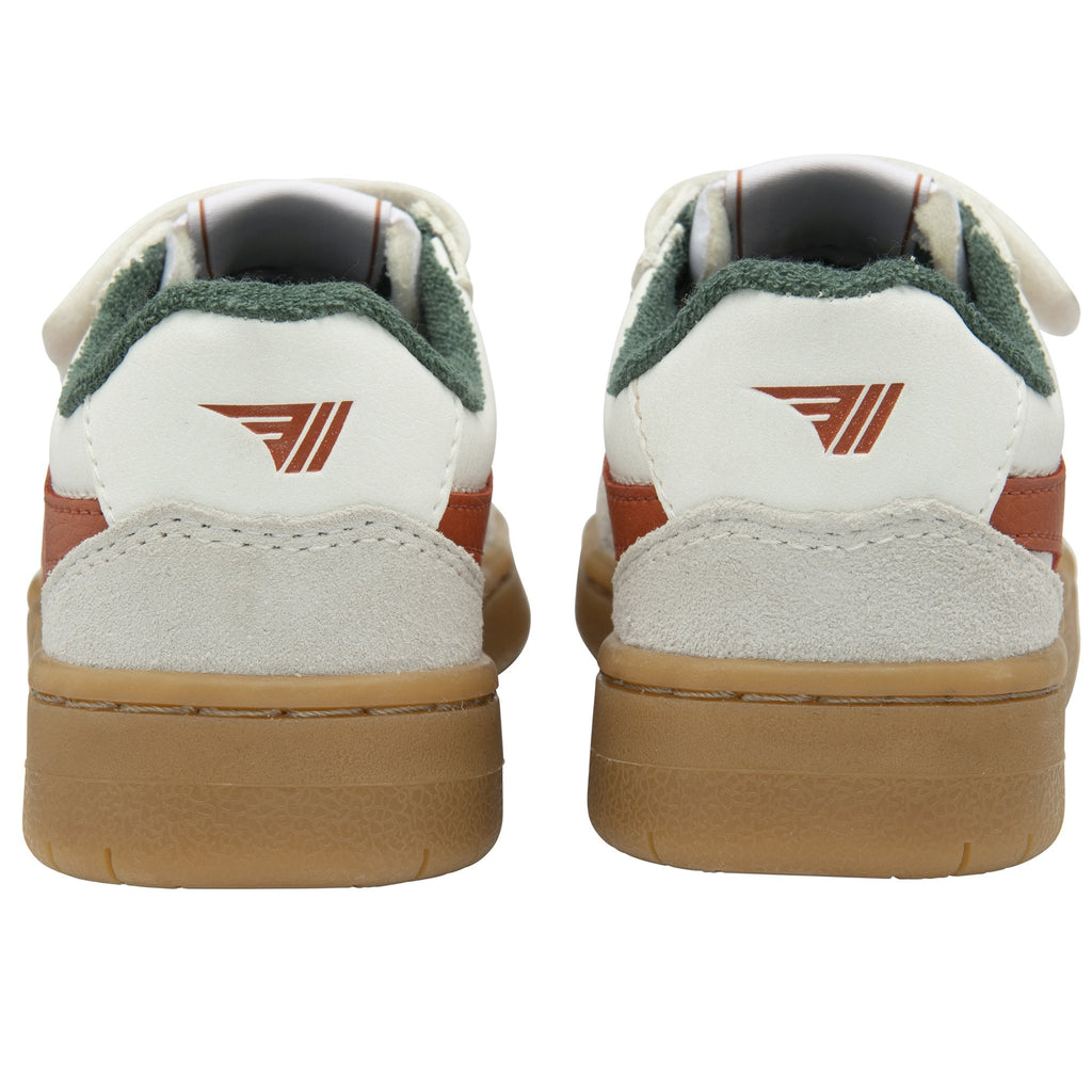 The back view of two Gola sneakers with orange logos and gum soles.