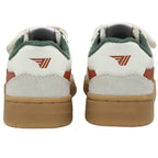 The back view of two Gola sneakers with orange logos and gum soles.