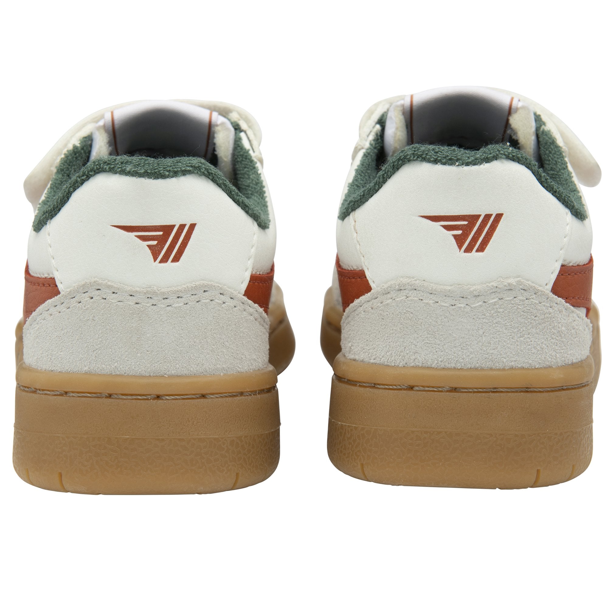 The back view of two Gola sneakers with orange logos and gum soles.