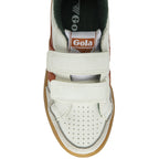 The top-down view of a white Gola sneaker with orange stripes and velcro straps.
