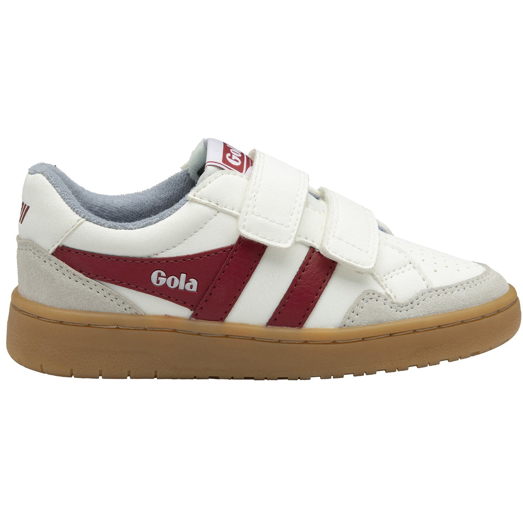 A right white sneaker with two red stripes and two velcro straps. The sole is brown.