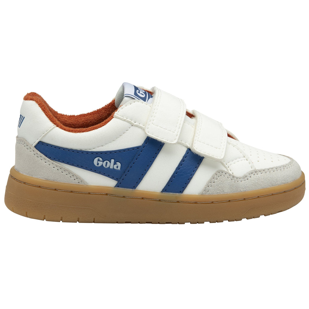 Side profile of a Gola Kids Baseline Mark II Velcro shoe in off-white, blue, and brown.