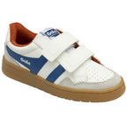 Angled view of a Gola Kids Baseline Mark II Velcro shoe in off-white, blue, and brown.
