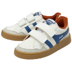 Pair of Gola Kids Baseline Mark II Velcro shoes in off-white, blue, and brown.