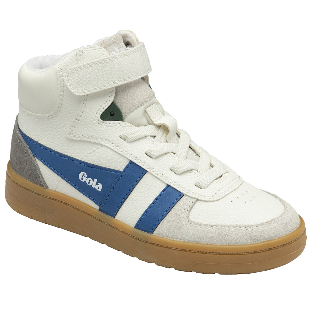 A single Gola kids high-top sneaker with blue and white stripes and a brown sole.