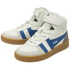 A pair of Gola kids high-top sneakers with blue and white stripes and brown soles.