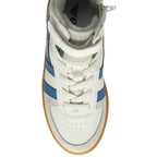 A top-down view of a single Gola kids high-top sneaker with blue and white stripes.