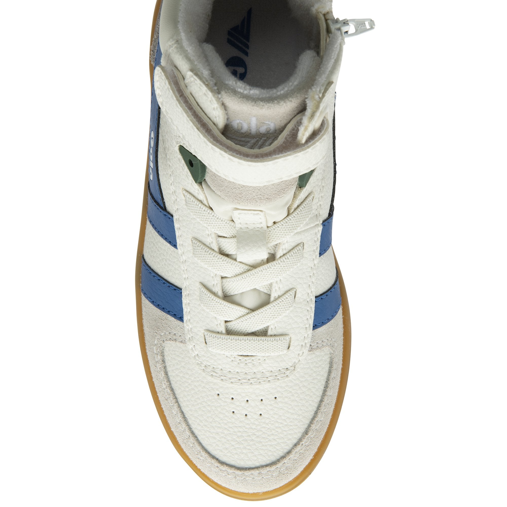 A top-down view of a single Gola kids high-top sneaker with blue and white stripes.