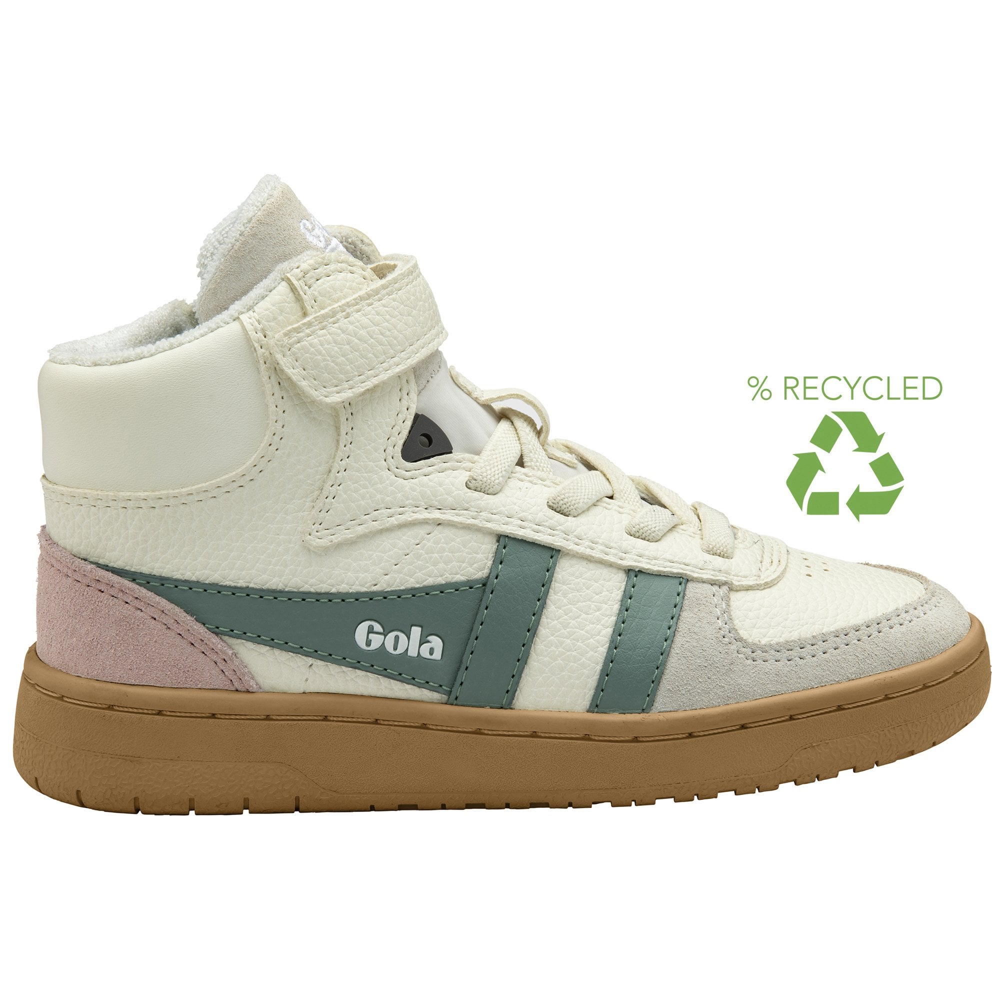 A recycled cream Gola high-top sneaker with green and pink accents and a tan sole.