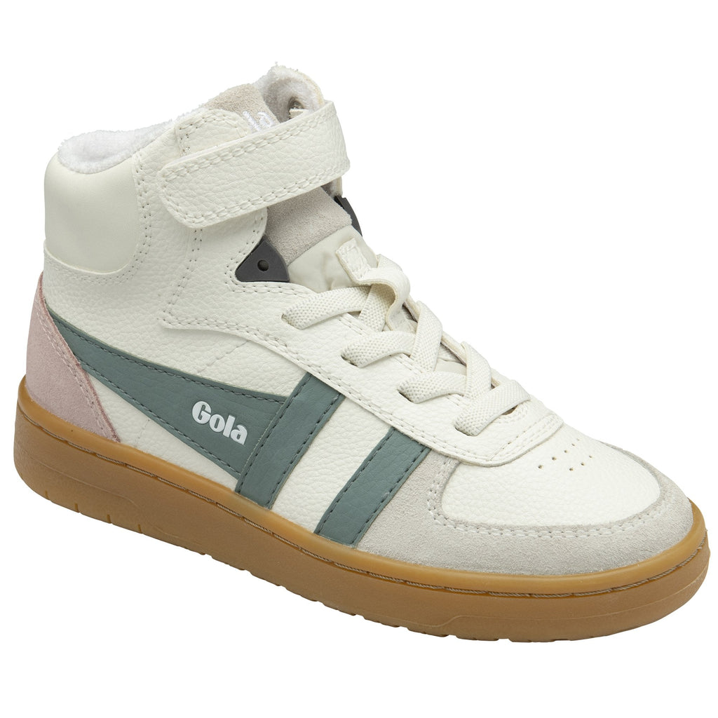 A single cream Gola high-top sneaker with green and pink accents and a tan sole.