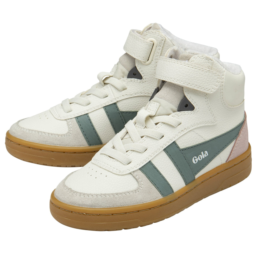 A pair of cream Gola high-top sneakers with green and pink accents and a tan sole.