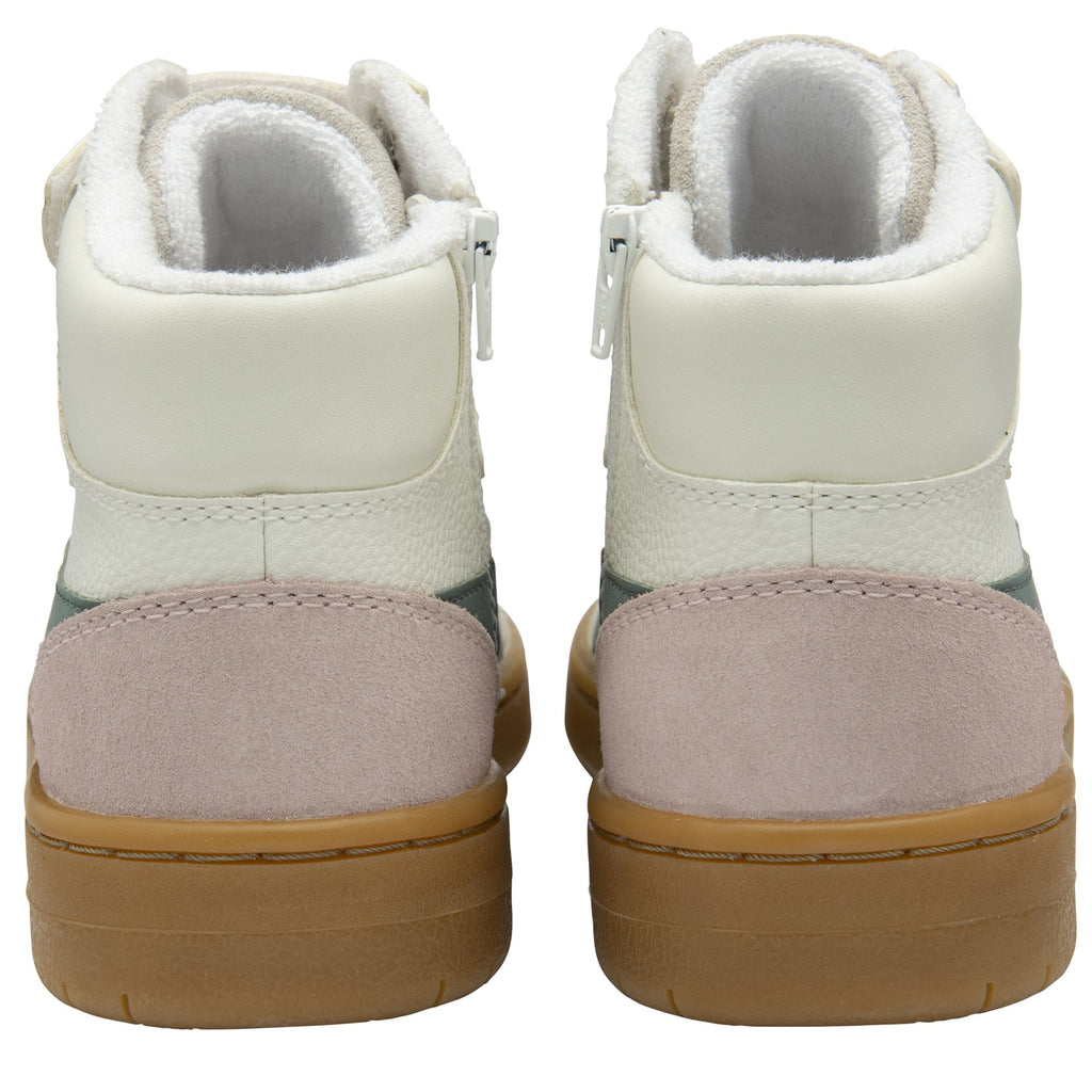 The back of two cream Gola high-top sneakers with pink accents and tan soles.