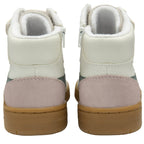 The back of two cream Gola high-top sneakers with pink accents and tan soles.
