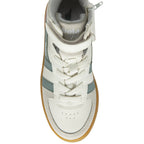The top-down view of a cream Gola high-top sneaker with green accents and a tan sole.