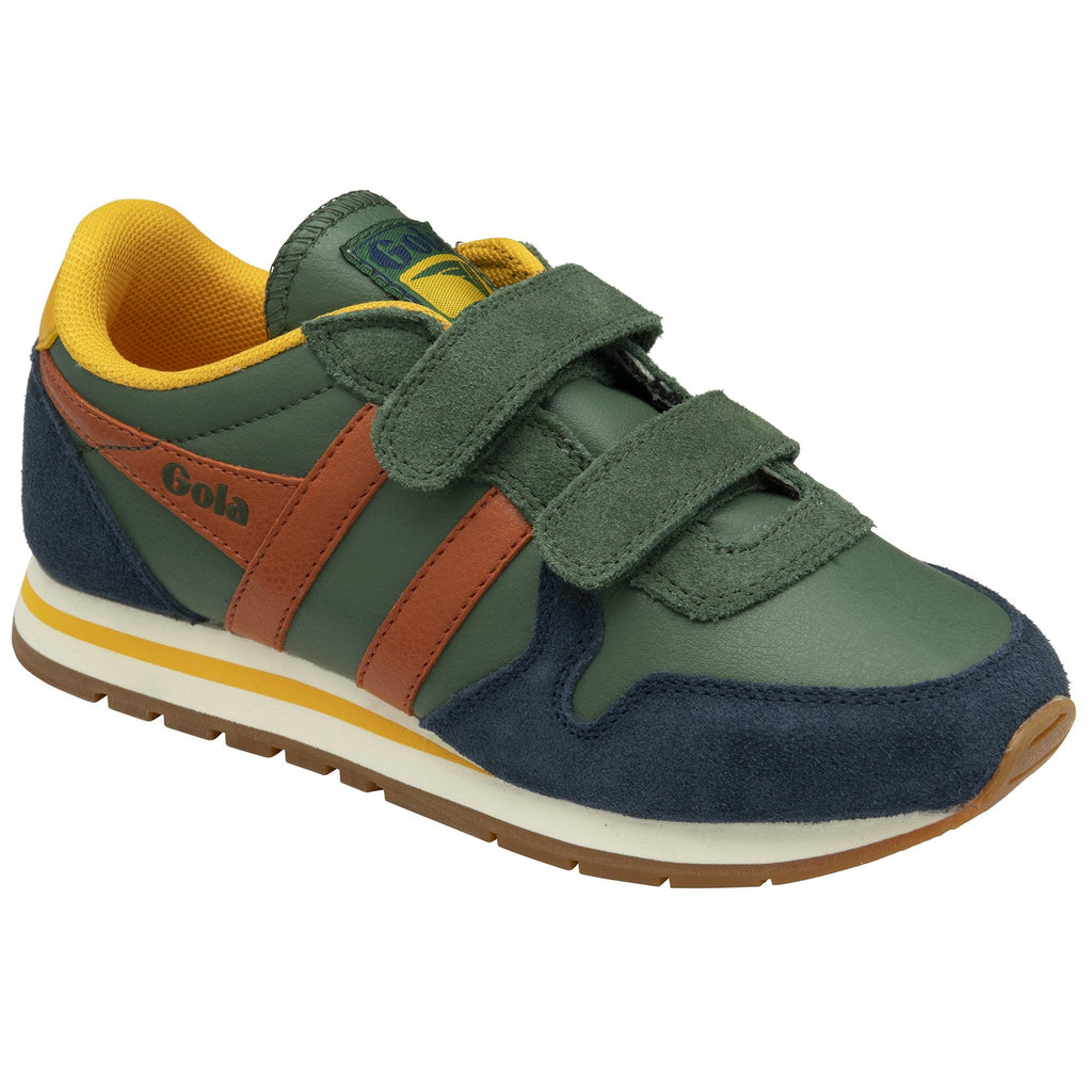 A close-up of the side of the Gola Classics Kids Typhoon Velcro Recycled Trainers in green.