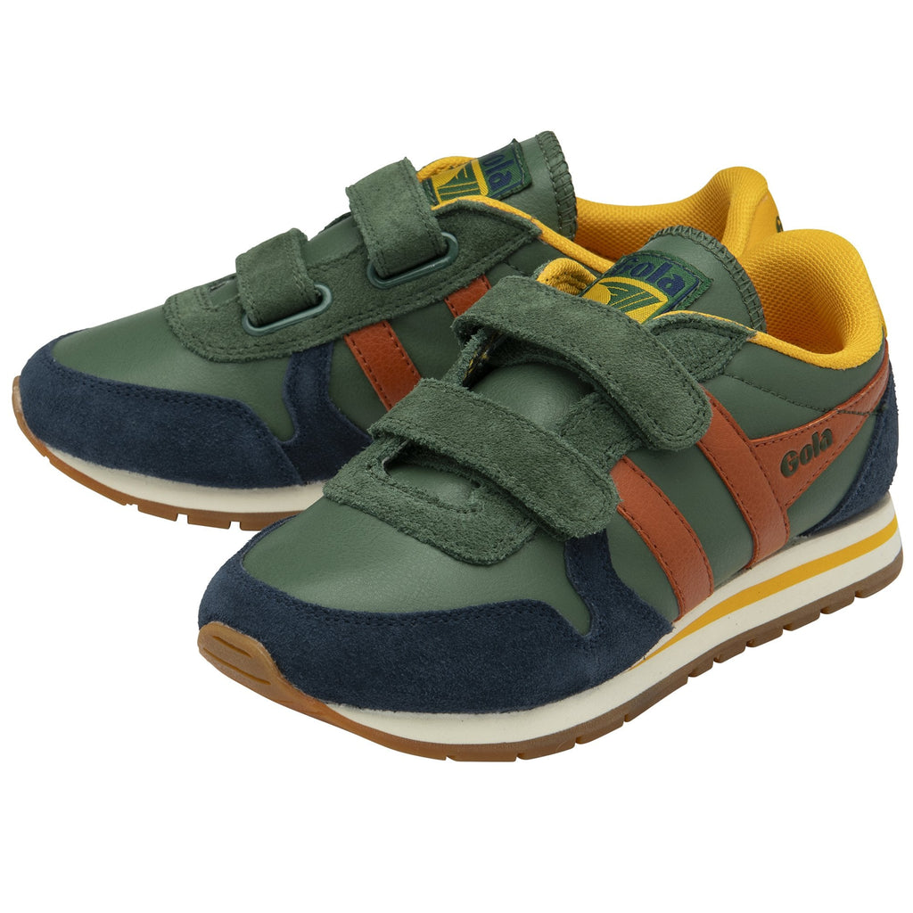 A close-up of the side of the Gola Classics Kids Typhoon Velcro Recycled Trainers in green.