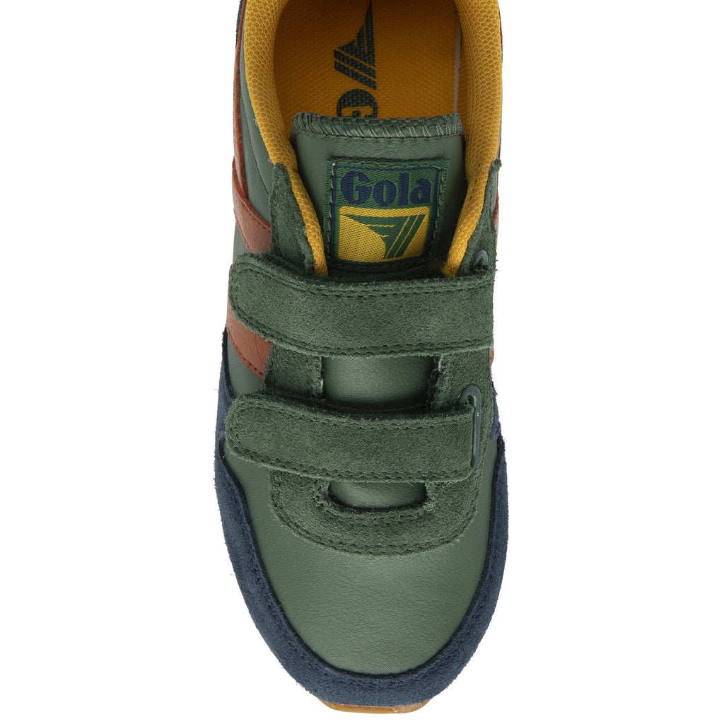 A close-up of the top of the Gola Classics Kids Typhoon Velcro Recycled Trainers in green.