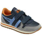 A side view of a navy blue, light blue, grey, and orange Gola sneaker with velcro straps.