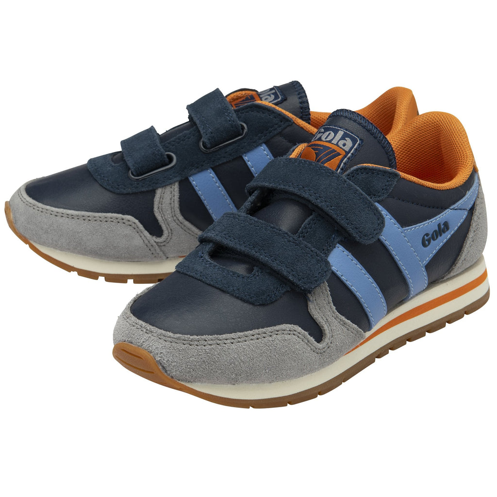 A pair of navy blue, light blue, grey, and orange Gola sneakers with velcro straps.