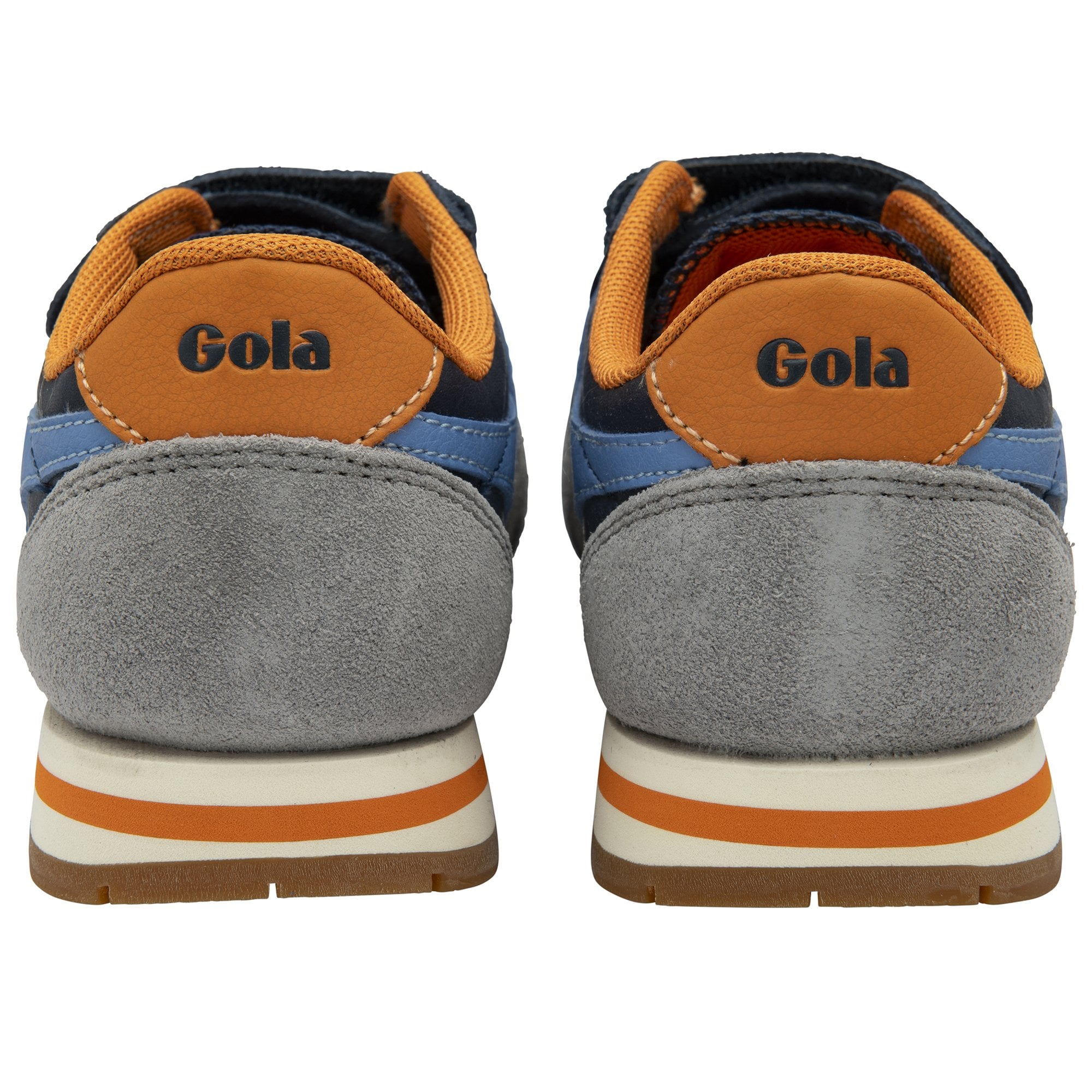 The back of two Gola sneakers, showing the orange heel tabs with the Gola logo.