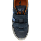 A top-down view of a navy blue, light blue, grey, and orange Gola sneaker with velcro straps.