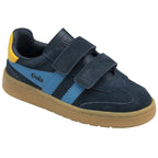 Navy and light blue Gola Kids trainers with yellow heel on a white background.