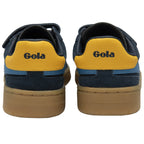 Rear view of two navy and light blue Gola Kids trainers with yellow heels.