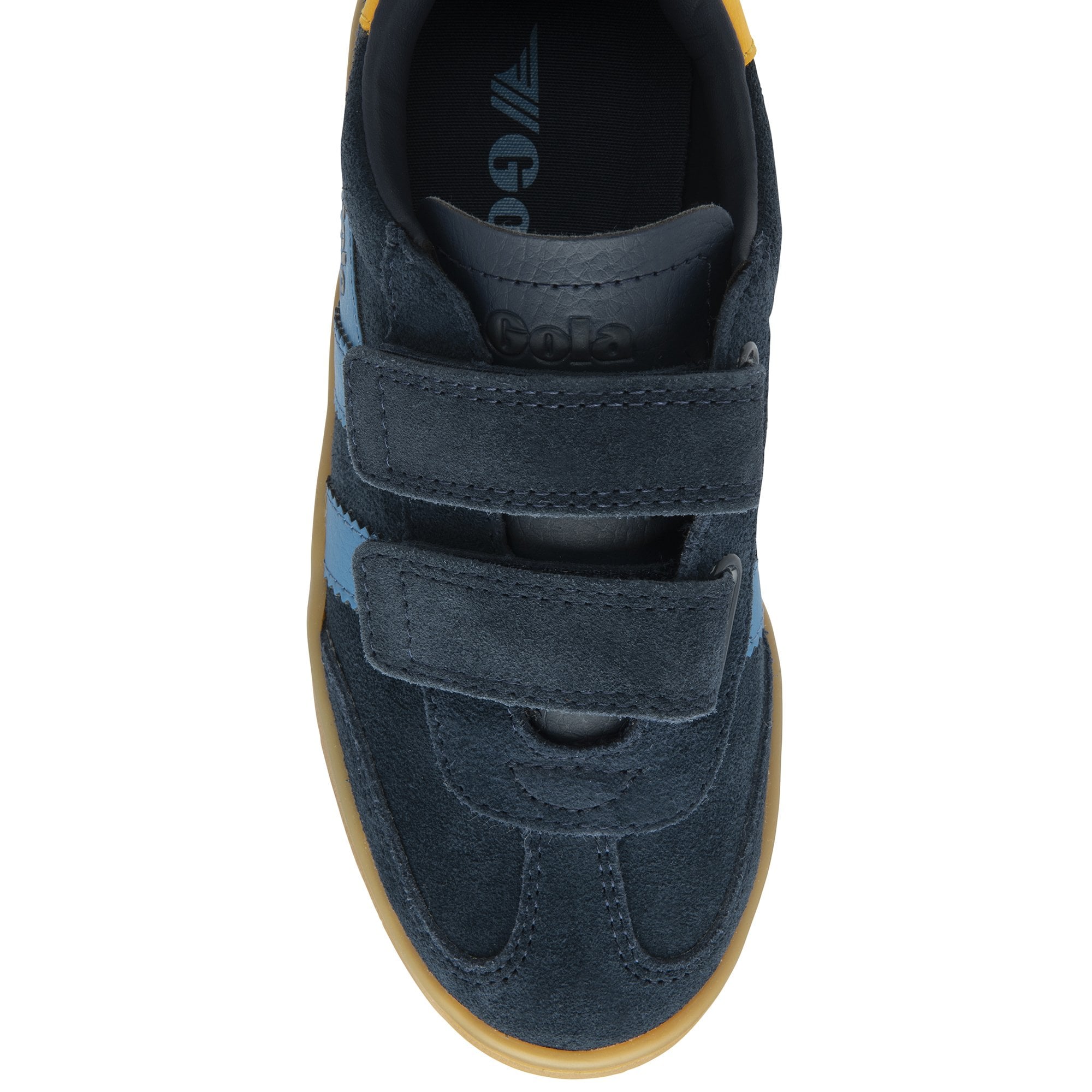 Overhead view of a navy and light blue Gola Kids trainer with a yellow heel.