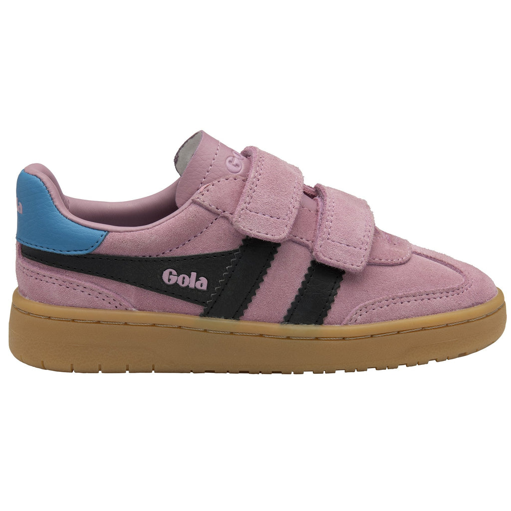 Pink Gola children's sneaker with black stripes and blue heel, side view.