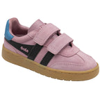 Side profile of a pink Gola children's sneaker with two hook-and-loop straps.