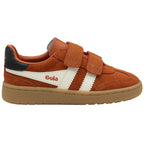 Side view of a single Gola kids' Velcro sneaker in tan with white stripes.