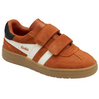 Angled side view of a single Gola kids' Velcro sneaker in tan with white stripes.