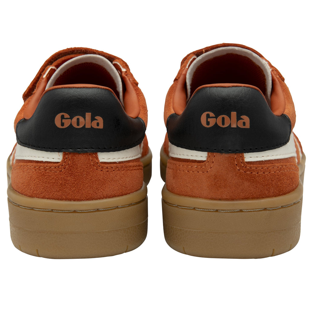 Back view of a pair of Gola kids' Velcro sneakers, tan with black heel tabs.
