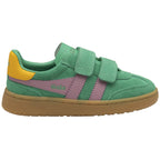 Side profile of a green Gola Kids Coaster velcro shoe with pink stripes and a yellow heel tab.