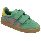 Angled view of a green Gola Kids Coaster velcro shoe with pink stripes and a yellow heel tab.
